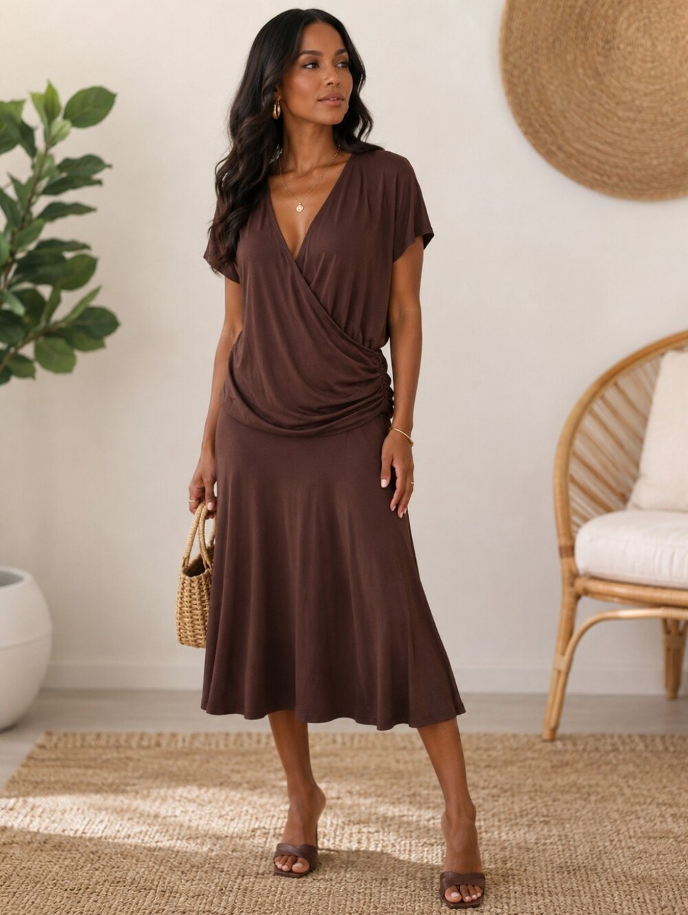 Ralph Lauren Chocolate Brown Draped Blouse & Midi Skirt Set G41